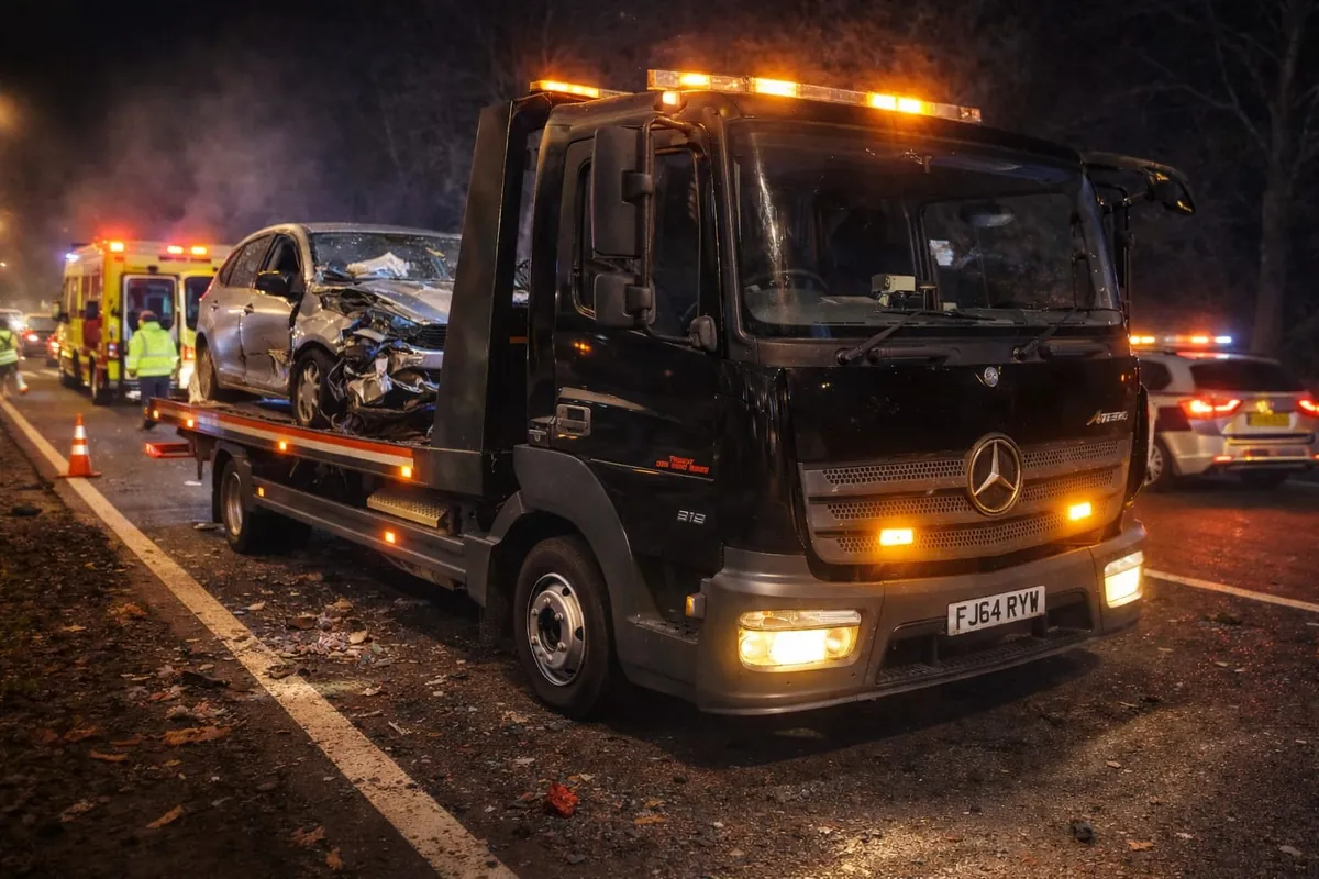 A Trident Commercials recovery truck loading an accident-damaged car at night, with emergency services on scene